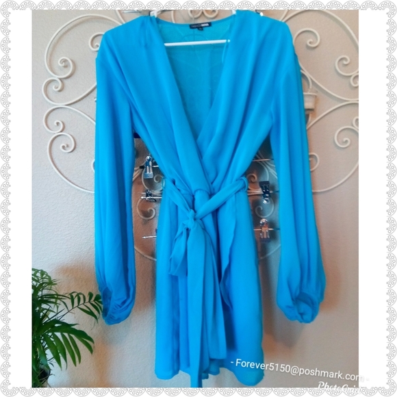 For @myboots2012 Fashion Nova Blue Wrap Mini Dress - Picture 2 of 2
